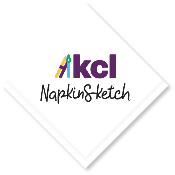 The KCL NapkinSketch logo on a napkin representing the ability to use KCL to design commercial kitchens anywhere.