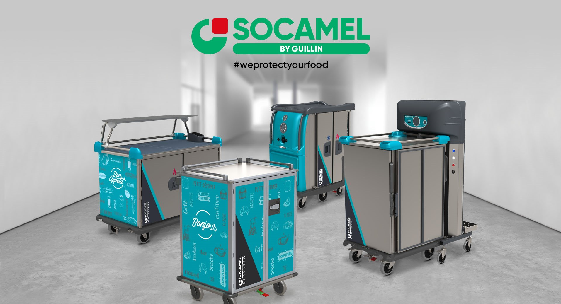 four socamel food delivery trolleys (or carts) and the brand logo in green at the top of the image.